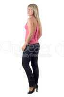 The beautiful young woman in black jeans and pink jacket. Isolat
