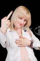 The young beautiful blonde, showing a middle finger
