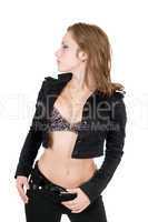 The young beauty woman in a black suit. Isolated