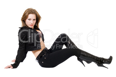The young beautiful woman in black suit. Isolated on a white