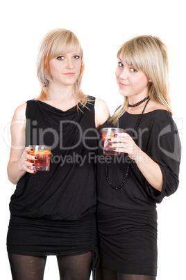 Two young beauty blonde with cocktails. Isolated