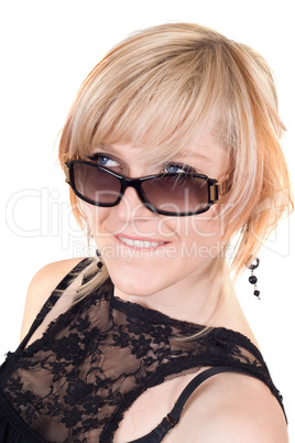 The blonde in sunglasses with a crafty sight. Isolated