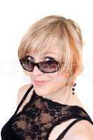 Portrait of the beauty blonde in sunglasses. Isolated