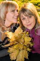 Portrait of the two young beauty blonde with autumn leaves