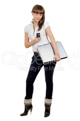 Businesswoman with laptop and phone over white