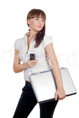 Businesswoman with phone and laptop over white