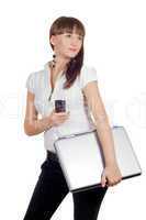 Businesswoman with phone and laptop over white