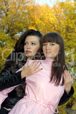 Two beauty young women outdoors in the autumn