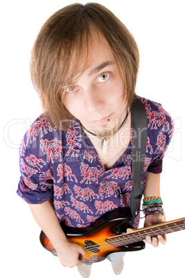 The young man with a guitar over white