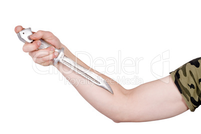 Knife in a man's hand. Isolated on white