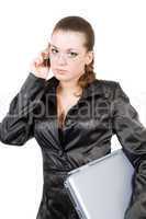 Businesswoman with laptop and phone over white