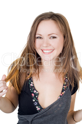 Smiling beautiful young woman. Isolated on white