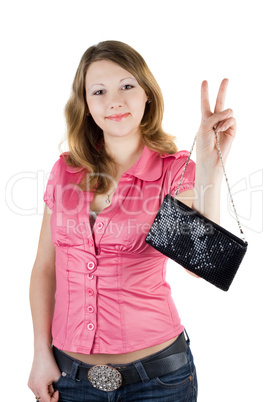 Beautiful smiling girl with a handbag. Isolated