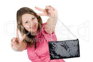 Beautiful smiling young woman with a handbag. Isolated