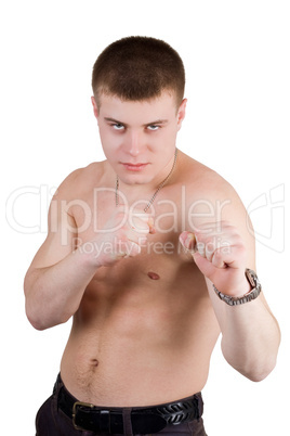 Portrait of the furious fighter. Isolated on white