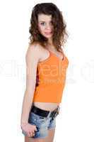 Pretty girl in a orange t-shirt. Isolated