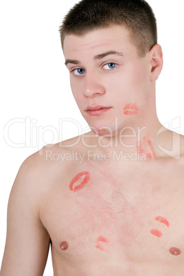 Portrait of the young man in lipstick. Isolated