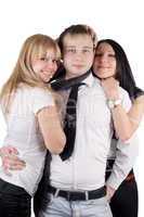 Young man and two young women. Isolated