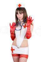 Sexy nurse with a stethoscope. Isolated on white