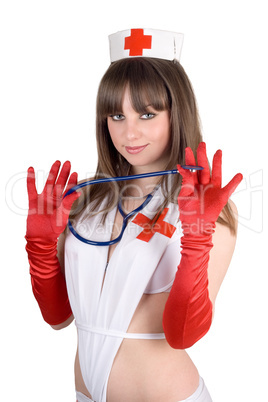 Portrait of the sexy nurse with a stethoscope. Isolated