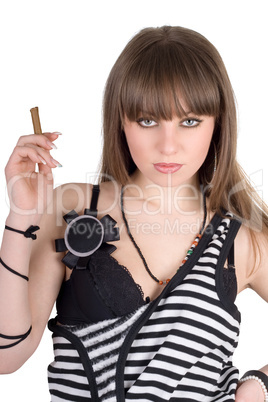 Portrait of the girl in a striped dress with a cigar