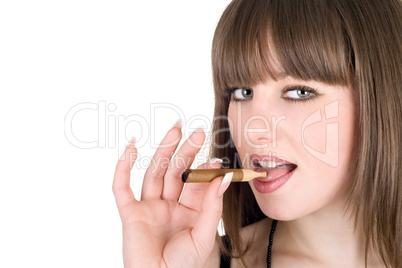 Portrait of the pretty girl with a cigar