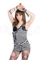 Pretty girl in a striped dress with a knife. Isolated