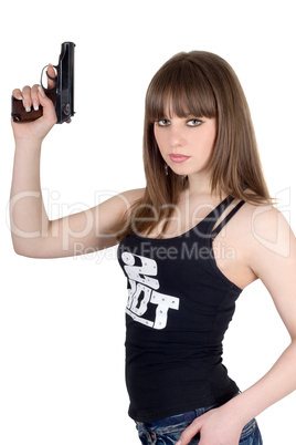 Pretty young woman with pistol. Isolated on white