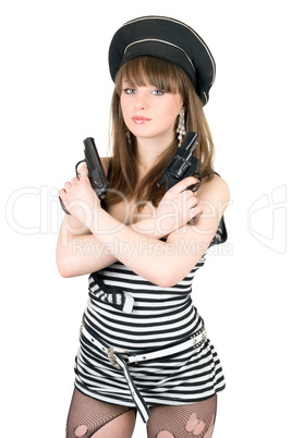 Portrait of the pretty sailor with pistols