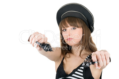 Portrait of the pretty sailor with pistols. Isolated