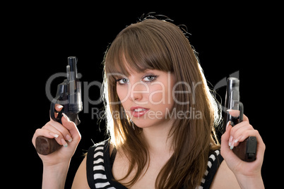 Attractive young woman with two pistol. Isolated