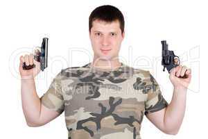 Young man with a two pistol. Isolated