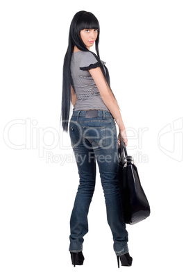 Beautiful girl with a handbag. Isolated on white