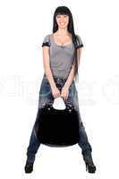 Pretty smiling girl with a handbag. Isolated