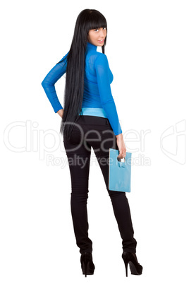 Sexy girl with a blue handbag. Isolated