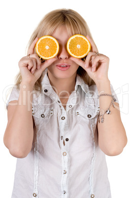 Funny girl with oranges. Isolated on white