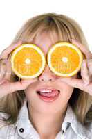 Portrait of the funny girl with oranges over white
