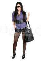 Attractive young brunette with a black handbag. Isolated