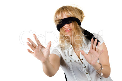 Beautiful young woman blindfold. Isolated on white