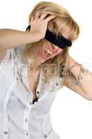 Shouting young woman blindfold. Isolated on white