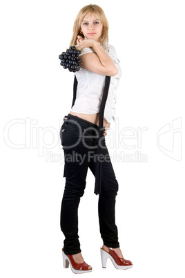 Beautiful young woman with grapes cluster. Isolated