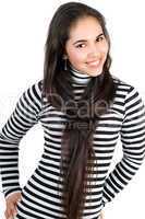 Playful pretty girl in striped blouse. Isolated