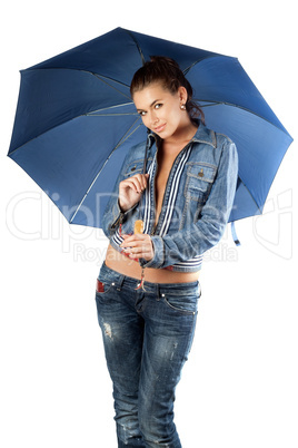 Sexy young woman in a denim suit