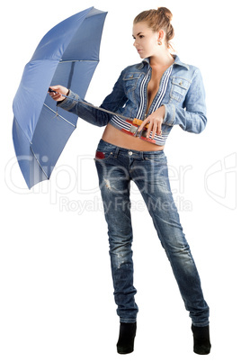 Leggy young woman in a denim suit