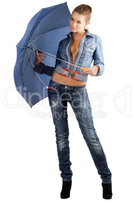 Leggy woman in a denim suit