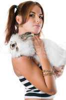 young woman with little white rabbit