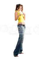 Young woman in wide jeans