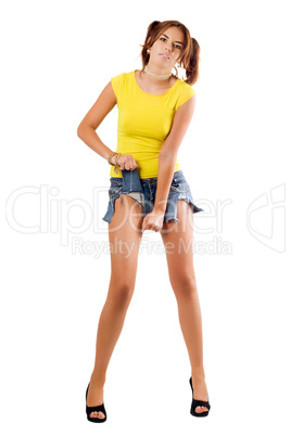 beautiful woman rending her shorts