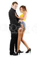 young man rending shorts of playful woman