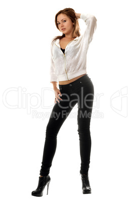 young woman in black tight jeans